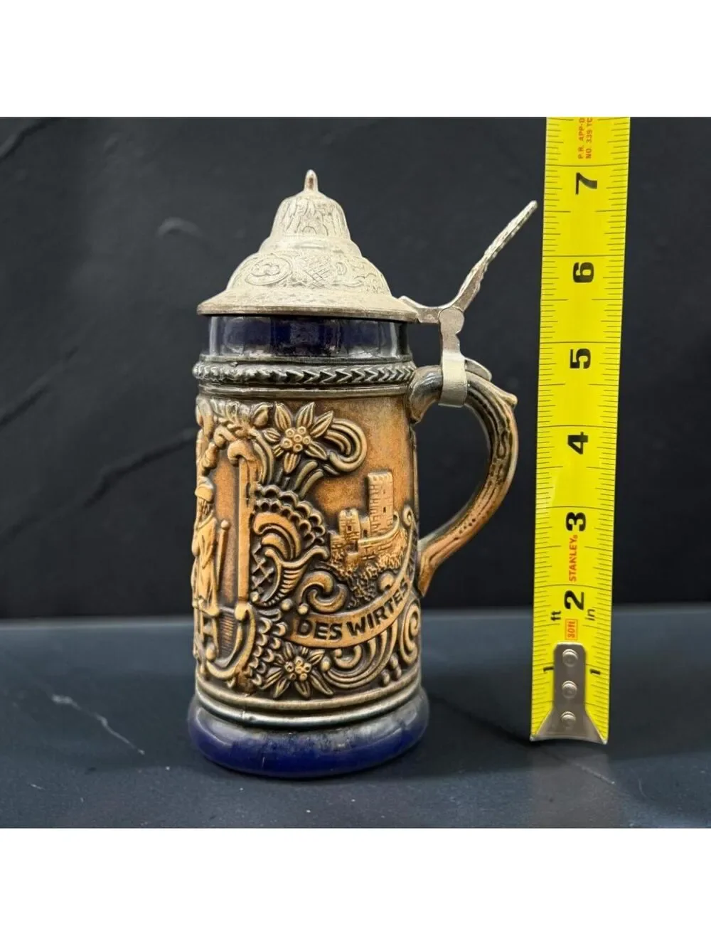 Vintage Gerz West Germany Beer Stein Metal Lid Cobalt Blue Relief Tankard 7